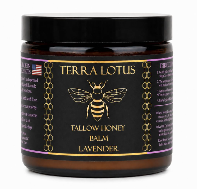 Terra Lotus - Organic Grass-Fed Beef Tallow Balm with Raw Honey - Moisturizing Cream for Soft, Smooth Skin - Handmade All-Natural Moisturizer (4 Oz, Lavender)
