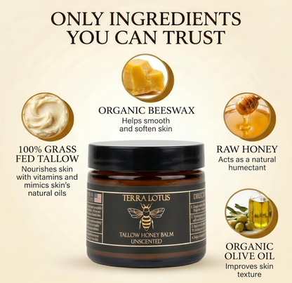 Terra Lotus - Organic Grass-Fed Beef Tallow Balm with Raw Honey - Moisturizing Cream for Soft, Smooth Skin - Handmade All-Natural Moisturizer (4 Oz, Lavender)