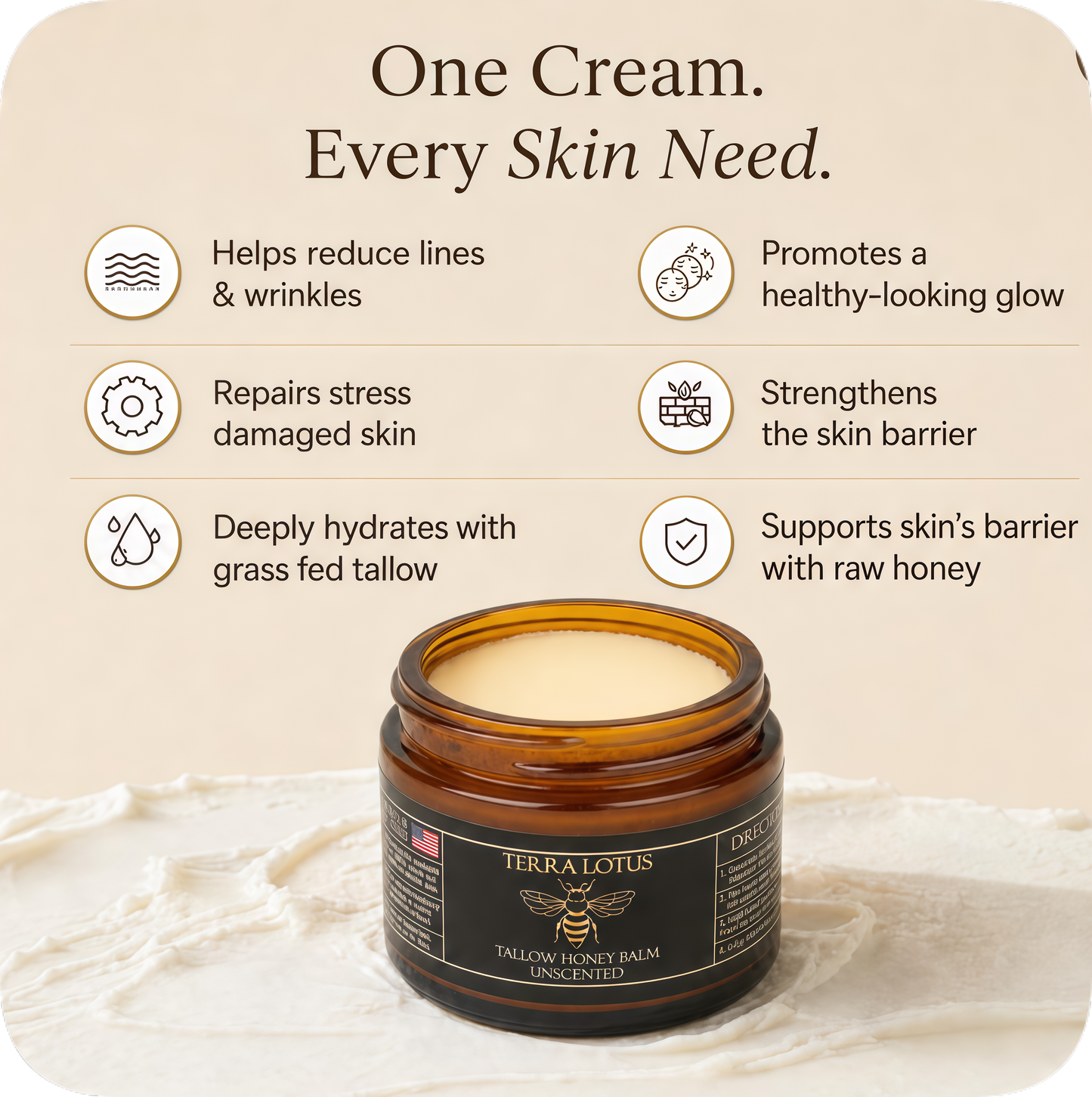 Terra Lotus - Organic Grass-Fed Beef Tallow Balm with Raw Honey - Moisturizing Cream for Soft, Smooth Skin - Handmade All-Natural Moisturizer (4 Oz, Lavender)