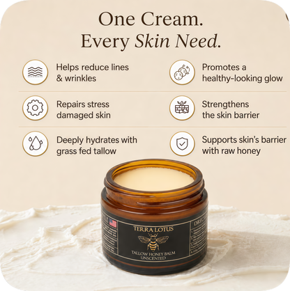 Terra Lotus - Organic Grass-Fed Beef Tallow Balm with Raw Honey - Moisturizing Cream for Soft, Smooth Skin - Handmade All-Natural Moisturizer (4 Oz, Lavender)