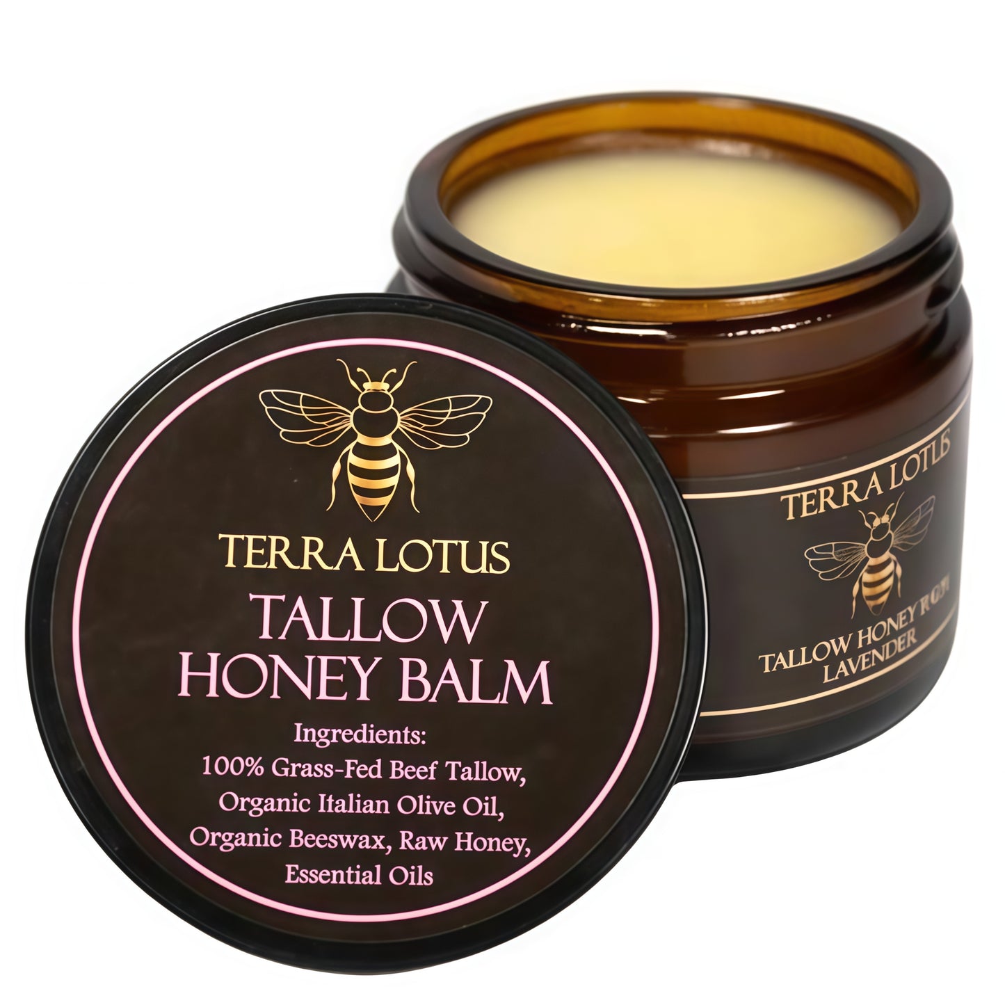 Terra Lotus - Organic Grass-Fed Beef Tallow Balm with Raw Honey - Moisturizing Cream for Soft, Smooth Skin - Handmade All-Natural Moisturizer (4 Oz, Lavender)